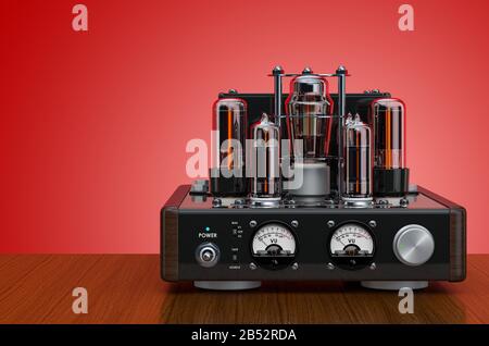 Retro vacuum tube amplifier on the wooden table. 3D rendering Stock Photo