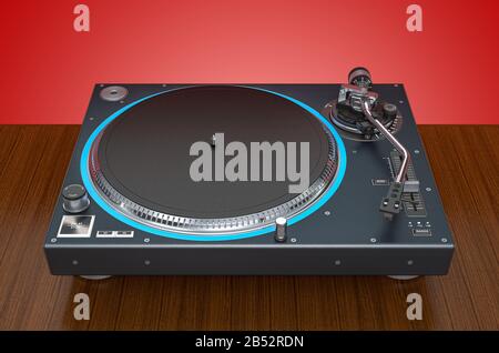 Phonograph Turntable on the wooden table, 3D rendering Stock Photo