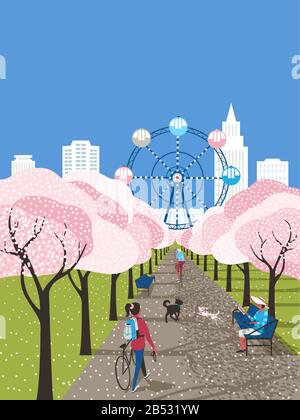 Blooming city park leisure activity vector poster Stock Vector