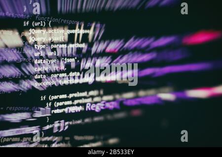 HTML5 in editor for website development. Website HTML Code on the Laptop Display Closeup Photo. Stock Photo