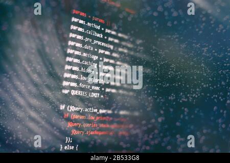 HTML5 in editor for website development. Website HTML Code on the Laptop Display Closeup Photo. Stock Photo
