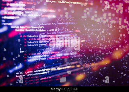 HTML5 in editor for website development. Website HTML Code on the Laptop Display Closeup Photo. Stock Photo