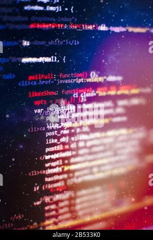 Modern tech. PHP syntax highlighted. Writing programming functions on laptop. Big data and Internet of things trend. Stock Photo