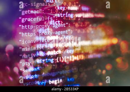 Future technology creation process. Coding script text on screen. Notebook closeup photo. Stock Photo