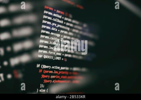 Modern tech. PHP syntax highlighted. Writing programming functions on laptop. Big data and Internet of things trend. Stock Photo