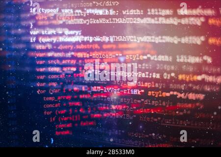 Modern tech. PHP syntax highlighted. Writing programming functions on laptop. Big data and Internet of things trend. Stock Photo