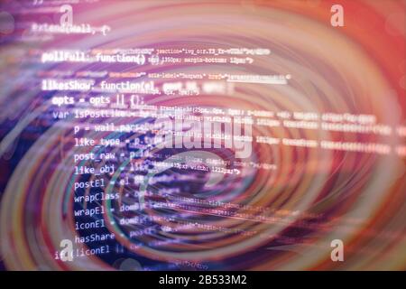 Modern tech. PHP syntax highlighted. Writing programming functions on laptop. Big data and Internet of things trend. Stock Photo