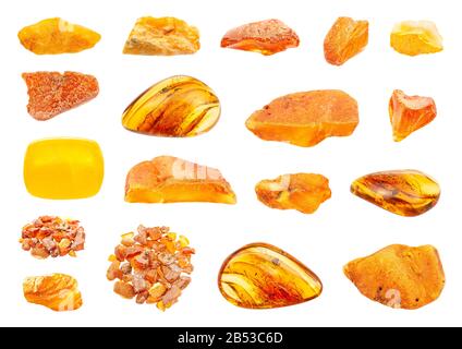 set of various polished Amber gemstonse isolated on white background Stock Photo