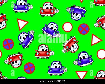 Seamless pattern with children's motif. Red and blue toy cars surrounded by different road signs in a repeating pattern on a green background. Suitabl Stock Photo