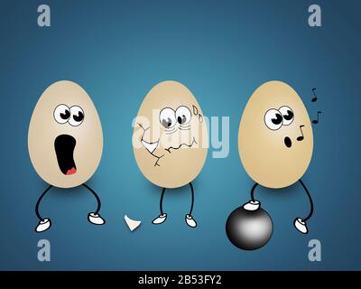 Easter banner. Three egg characters with different expressions. One of the eggs broke the other egg shell with a soccer ball. Background with blue cir Stock Photo