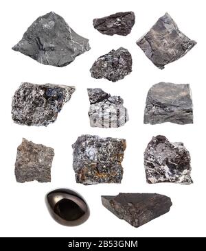 set of various Coal (Bituminous coal, Black coal, Lignite, Brown coal, Shungite shale, Coal shale, Anthracite) rocks isolated on white background Stock Photo