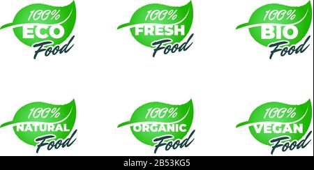 100 percent fresh healthy organic vegan food bio on green leaf labels and tags set. Vegetarian natural eco green concept vector illustration Stock Vector