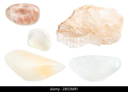 set of various moonstone gemstones isolated on white background Stock Photo