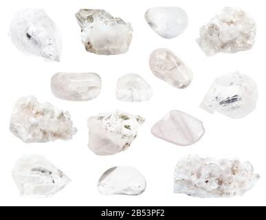 set of various colorless Rock-crystal gemstones isolated on white background Stock Photo