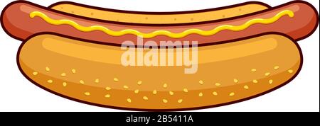 Cartoon fast food hotdog with black linear border. Hot dog sausage in bread bun with mustard isolated flat vector illustration Stock Vector