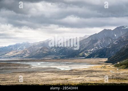 Storm comming to the Tasman valley over the mountains, New Zealand Stock Photo