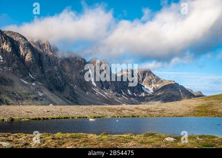 Morning view from the tent on Arctic Circle Trail (ACT), Greenland Stock Photo