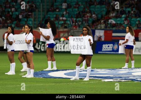 Salvador Brazil 07th Mar 2020 Bahia X Doce Mel Match Valid For The Bahian Championship Round Held This Saturday 07 At The Fonte Nova Arena In Salvador Bahia In The Photo Tricolideres Do Bahia Present Anti Violence Against Women Before The Start