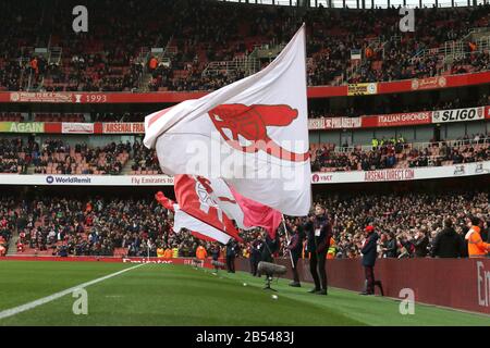 London, UK. 07th Mar, 2020. Large Arsenal flags at the Arsenal v West Ham United English Premier League game, at the Emirates Stadium, London, UK on March 7, 2020. **Editorial use only, license required for commercial use. No use in betting, games or a single club/league/player publications** Credit: Paul Marriott/Alamy Live News Stock Photo