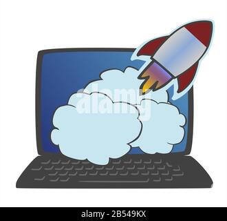 rocket diagonally take off notebook blue screen clouds by jziprian Stock Vector