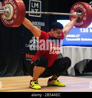 Columbus, Ohio, USA. 7th Mar, 2020. Tanumafili Malitoa Jungblut lifts 135 kilos in the snatch at the IWF Rogue World Challenge in the Arnold Sports Festival in Columbus, Ohio, USA. Columbus, Ohio, USA. Credit: Brent Clark/Alamy Live News Stock Photo