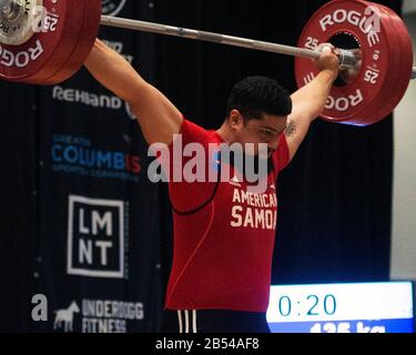 Columbus, Ohio, USA. 7th Mar, 2020. Tanumafili Malitoa Jungblut lifts 135 kilos in the snatch at the IWF Rogue World Challenge in the Arnold Sports Festival in Columbus, Ohio, USA. Columbus, Ohio, USA. Credit: Brent Clark/Alamy Live News Stock Photo