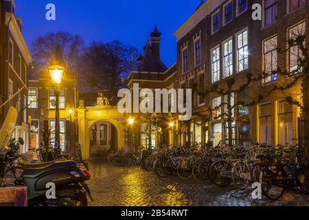 Leiden, Holland, Netherlands, January 16, 2020. The night view of Burg Poort (South city gate) from the The Burcht van Leiden (Fort of Leiden) Stock Photo