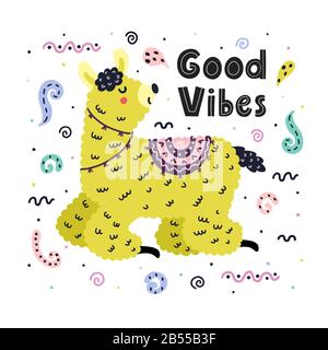 Good vibes card with a cute llama. Creative background Stock Vector