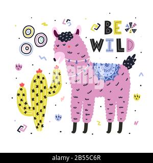 Be wild card with cute llama eating cactus. Funny print in childish style with alpaca Stock Vector