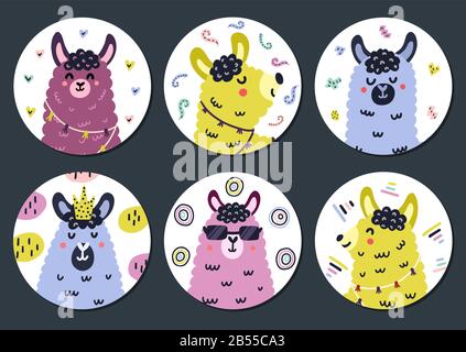 Circle shape stickers set with cute llama for kids. Funny prints collection with alpaca Stock Vector