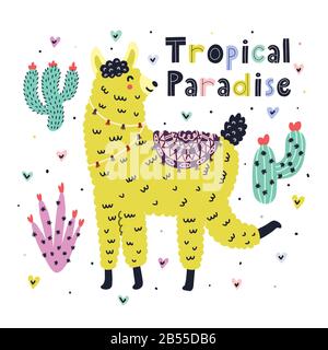 Tropical paradise card with a cute llama. Summer print with a funny alpaca in Scandinavian style Stock Vector