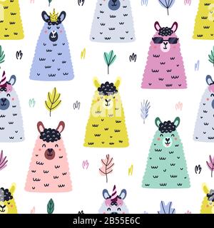 Funny llama faces seamless pattern. Bright background in Scandinavian style with cute lamas Stock Vector