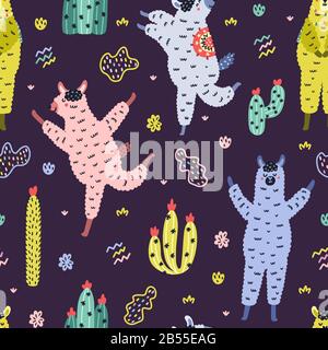 Colorful seamless pattern with funny llamas and cacti. Creative background with alpacas Stock Vector