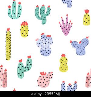 Cute cacti seamless pattern. Succulents background in Scandinavian style Stock Vector