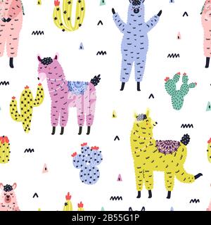 Seamless pattern with cute llamas and succulents in Scandinavian style Stock Vector