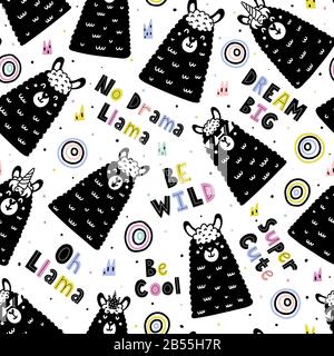 Seamless pattern with funny llamas and hand drawn text Stock Vector