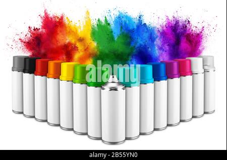 row of many spray can in colorful color in front of ainbow holi paint color powder explosion isolated on white background. Industry diy paintjob graff Stock Photo