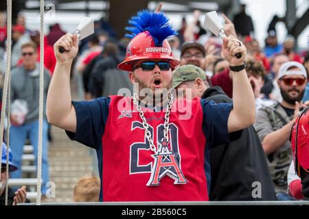 Houston, TX, USA. 7th Mar, 2020. A Houston Roughnecks fan celebrates during the 4th quarter of an XFL football game between the Seattle Dragons and the Houston Roughnecks at TDECU Stadium in Houston, TX. Houston won the game 32 to 23.Trask Smith/CSM/Alamy Live News Stock Photo