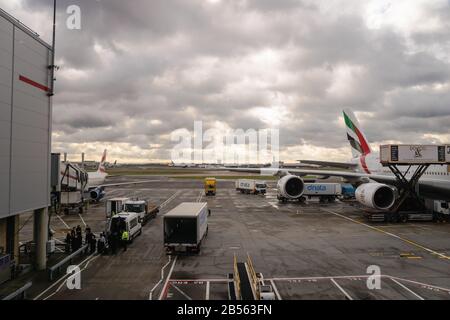 London, United Kingdom - February 2020:  London Heathrow airport runway view. Heathrow Airport, also known as London Heathrow Stock Photo