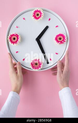 Flower clock flat lay. Spring time background. Creative arrangement of man hands holding white clock created from fresh pink gerbera flowers on light Stock Photo