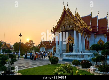 Bangkok, Thailand - January.19.2020: Marble temple (Wat Benchamabophit Dusitvanaram) in Bangkok at sunset