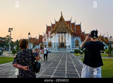 Bangkok, Thailand - January.19.2020: Marble temple (Wat Benchamabophit Dusitvanaram) in Bangkok at sunset