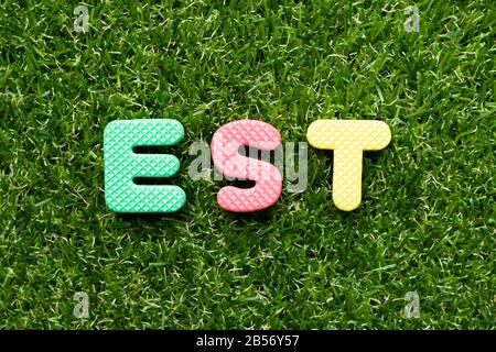 Toy foam letter in word est on green grass background Stock Photo