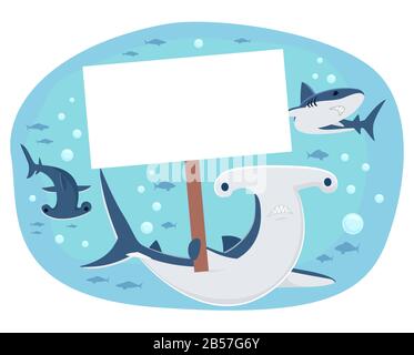 Illustration of Sharks Swimming Under the Ocean, One Hammerhead Shark Holding Blank White Placard in Protest Stock Photo