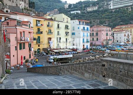 The port of Marina Grande at dusk. This ancient gateway to the city now contains numerous restaurants for tourists. Stock Photo