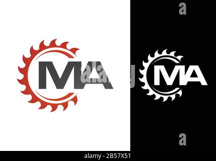 Initial Letter M A Logo with Saw, woodworking logo concept design. Stock Vector