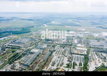 aerial panoramic photo of industrial district during cloudy weather Stock Photo