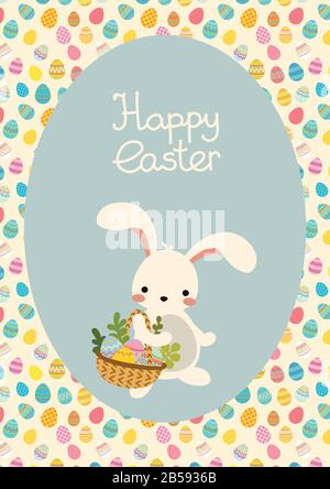 Vector Easter Postcard with Easter rabbit, basket, eggs and lettering Stock Vector