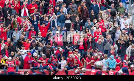 Houston, Texas, USA. 07th Mar, 2020. Houston Roughnecks cornerback Deji Olatoye (30), cornerback Charles James II (21), safety Marqueston Huff (20), safety Cody Brown (25), safety Corrion Ballard (22) and cornerback Deatrick Nichols (32) jump into the stands with fans to celebrate a turn over on down late in the fourth quarter against the Seattle Dragons at TDECU Stadium in Houston, Texas. (Mandatory Credit: © Maria Lysaker). Credit: csm/Alamy Live News Stock Photo
