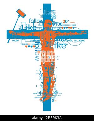 Crucified man with selfie rod, victim of social networks addiction . Grunge stylized male silhouette on the cross, with binary codes and like signs. Stock Vector